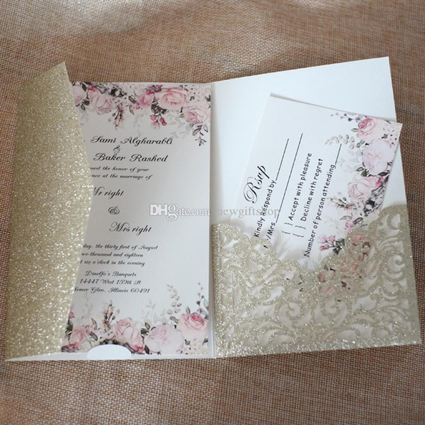 Luxury Champagne Gold Glitter Tr-ifold Pocket Wedding Invites with RSVP Card Provide Free Printing 