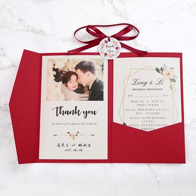 Flower Printing Red Pocket Wedding Invitation with Burgundy Ribbon and Round Tag, DIY Invites for Party