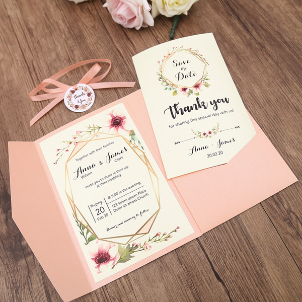 Luxury Wedding Invitation Flower Printing Pocket Greeting Cards Envelope Style Customized Party Cards with RSVP Card and Ribbon and Tag