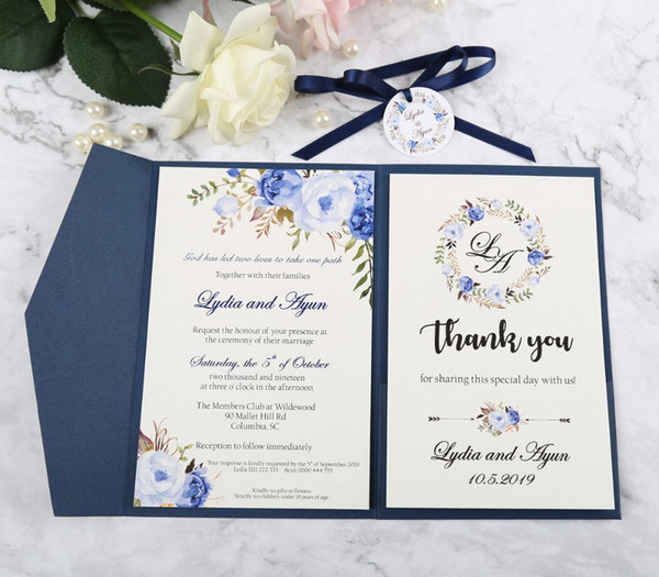 Navy Blue Pocket Wedding Invitation with RSVP Card and Navy Ribbon and Tag, Invitations for Bridal Birthday Graduation Wedding Supplies