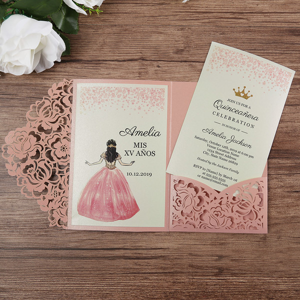 Pink Laser Cut XV Anos Quinceanera Invitations, Lovely Hollow Floral Pocket Wedding Invitation with RSVP Card Birthday Sweet 16 Invites