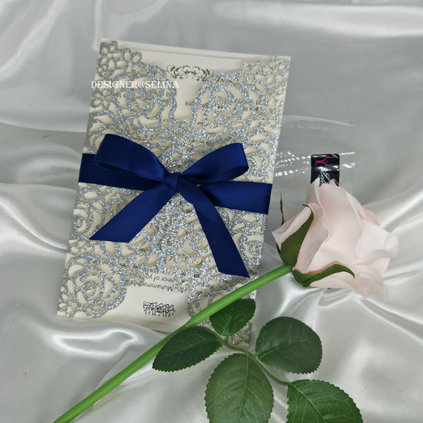 Navy Blue Ribbon Silver Glitter Laser Cut Wedding Invitations Rose Sweet Sweet 16 Birthday Quince Party Invites 