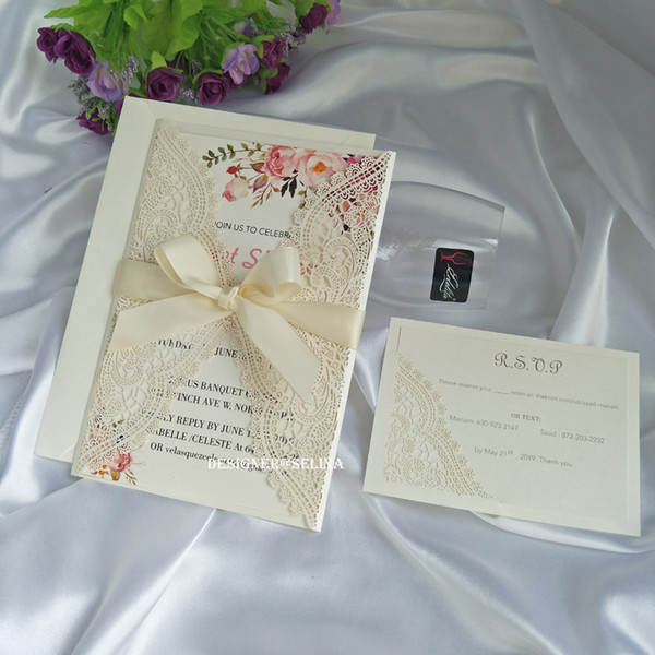 IVORY SELINA Laser Cut Wedding Wrap Invitation With RSVP Card and Beige Ribbon - Lace Quince Invite with Ivory Shimmy Insert