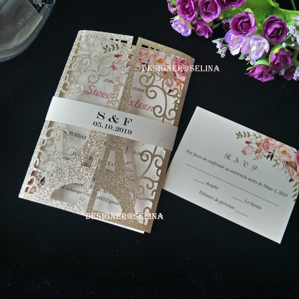 New Champage Glitter Eiffiel Tower Paris Laser Sweet 15 Sweet 16 Invitations with Ivory Belt Gold Silver Blue Invitation for Wedding