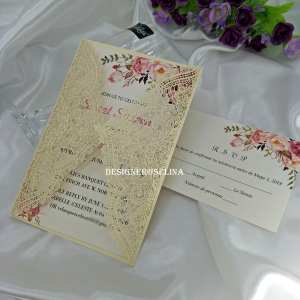 New Arrival Beige Lace Invitations Cards for Wedding Bridal Shower Birthday Graduation Quinceanera Invite 20+Color 