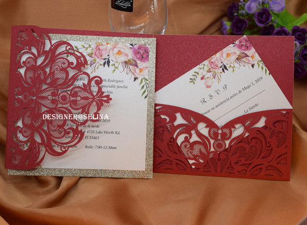 Red Floral Laser Cut Glitter Bottom Ivory Insert Wedding Invitation Cards Flower Printing Quinceanera Invites with RSVP Card