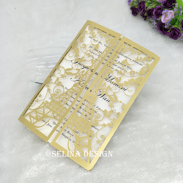 Elegant Gold Affordable Tower Laser Cut Wedding Invitations Customized Quinceanera Invitation with Envelope 