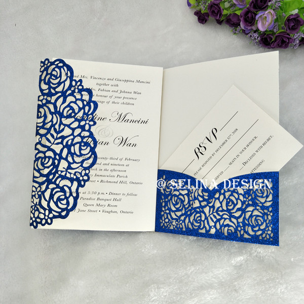 Blue Laser Cut Trifold Pocket Wedding Invitations with RSVP Card, Elegant Glittery Invites for Bridal Shower Marriage Graduation