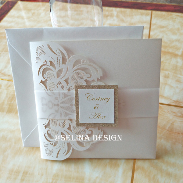 New Seethrough Band with Tag Laser Cut Wedding Invitation Suite with RSVP Card 20 Color Trifold Pocket Wedding Invites