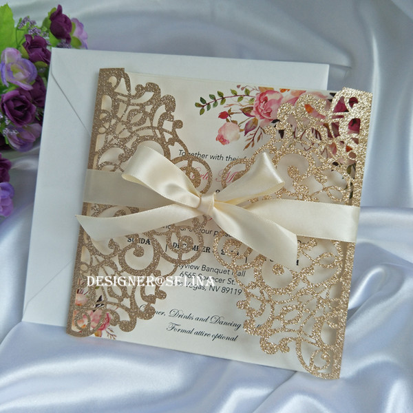 Glitter Floral Rose Gold Laser Cut Wedding Invitation with Beige Ribbons Champagne Silver Blue Quinceanera Invites Invitations for Sweet 15