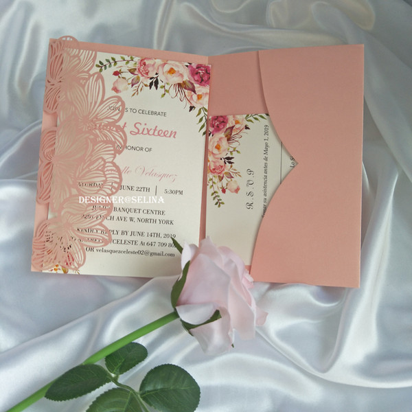 Luxury Pink Petal Pocket Wedding Invitation Laser Cut Jacket Wedding Invites with RSVP Card, 20+ Colors Availble