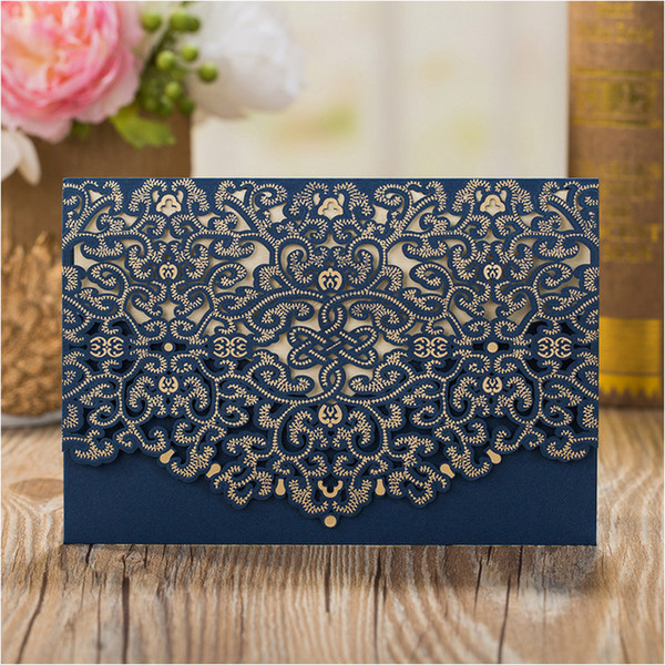 Navy Blue Laser Cut Invitation Cards for Wedding Flower Bridal Shower Invites with Envelope free Customized Printing Wedding Supplies