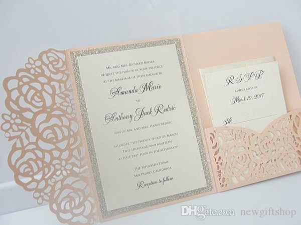 Light Pink Wedding Invitations Silver Glitter Graduation Evening Party Invites Free Black Printing 50pcs