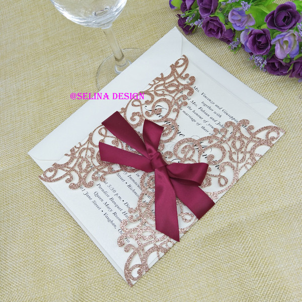 Luxury Glitter Laser Cut Wedding Invitations with Burgundy Bow Apple Gold 
8000
Folded Invitations Cards for Marriage Free Printing