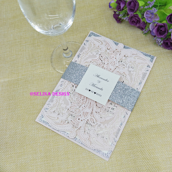 24 Color Elegant Gatefold Laser Cut Wedding Invitations with Glitter Belly Band and Tag Custom Wedding Invitation Cards