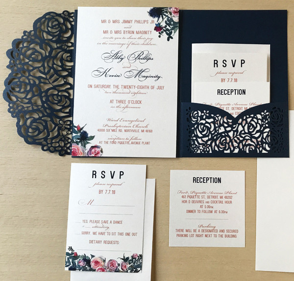 Navy Blue Laser Cut Pocket Invites for Wedding Elegant Vintage Flower Trifold Engagement Bridal Shower Wedding Invitations +RSVP Card