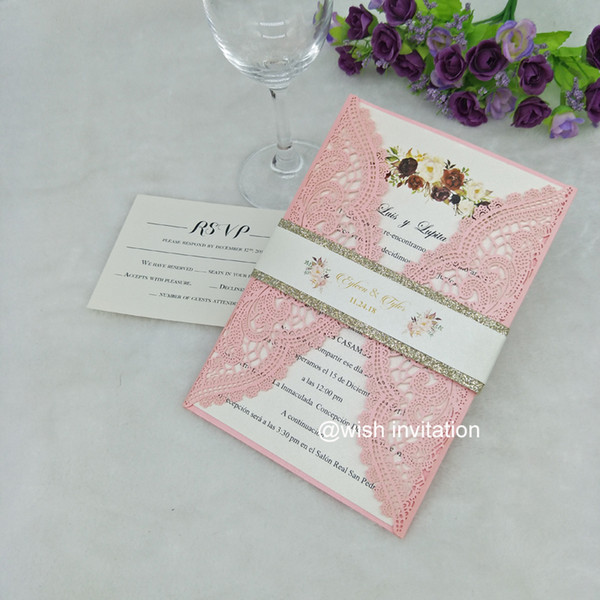 Hot Sell Pink Wedding Invitations with Gold Glitter Belly Band Blush Shimmer Laser Cut Classic Invitation for Wedding