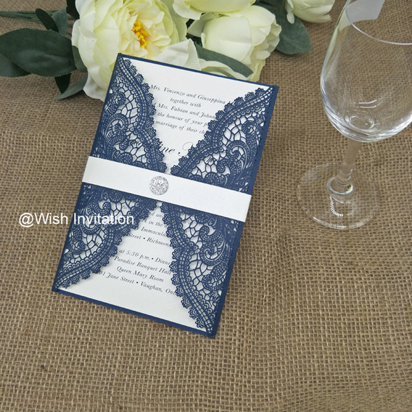 24 Color Shimmy Navy Blue Laser Cut Wedding Invitations Elegant Lace Wedding Invites with Belt and Diamond Free Printing 