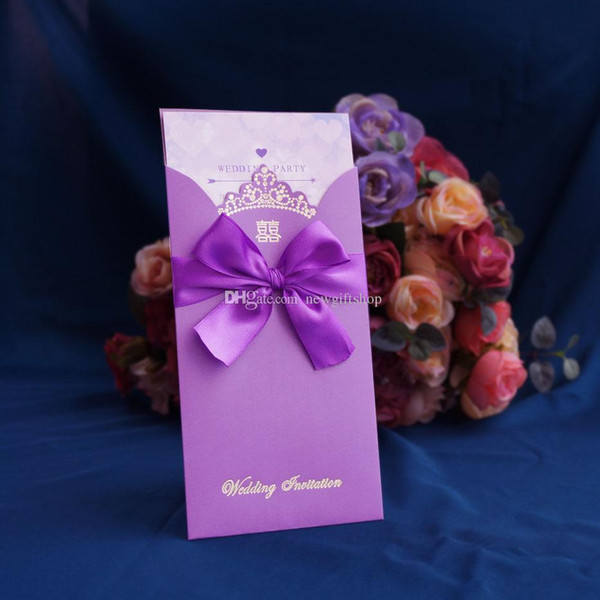 Chinese Xi Gold Crown Wedding Invitations with Bow Red/Blue/Champagne/Purple/Pink Color Free Printing Free Shipping