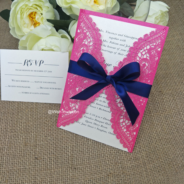 Navy Blue Bow Laser Cut Flower Wedding Invitations Elegant Invitation Cards for Bridal Shower Marriage Graduation Free Printing