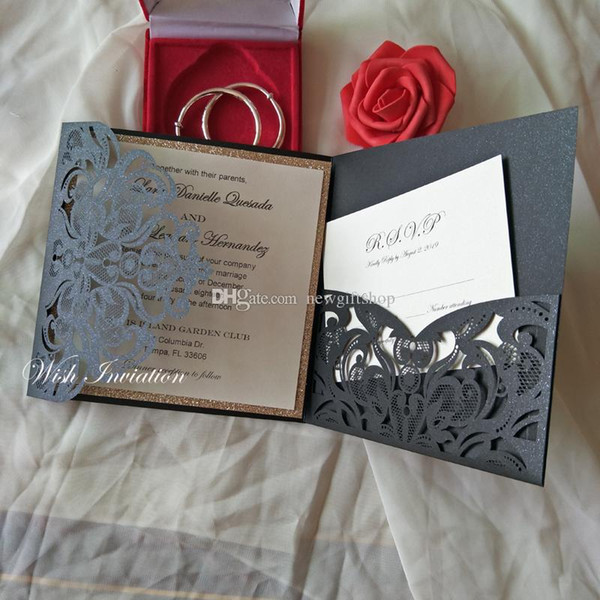 Black Star Shimmy Laser Cut Pocket Wedding Invites Elegant Birthday Party Invitation with RSVP Card and Envelope with FREE PRINTING