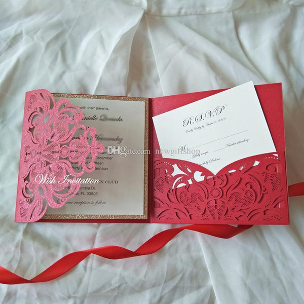 Luxurious Rose Glitter Red Shimmy Laser Cut Trifold Pocket Wedding Invites with RSVP Card, Blank Die Cut Evening Party Invitation Cards