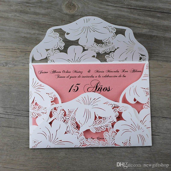 Hot Sales Shimmy Lace Wedding Invitation Petal Laser Cut Pocket Baptism Invitation 20+Color with Envelope 