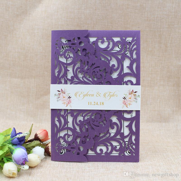 Marsala Purple Pocket Wedding Invites Laser Cut Shimmer Wedding Invitation with Belly Belt, Provide Free Printing