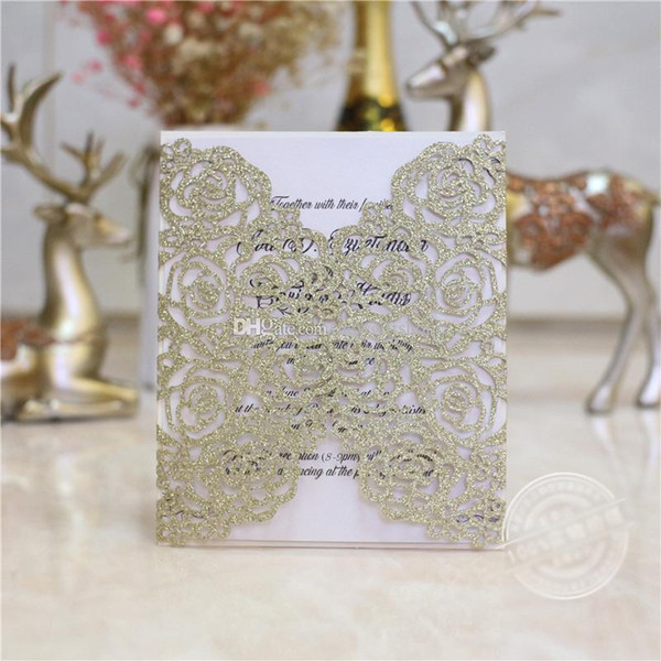 Elegant Champagne Glitter Laser Cut Wedding Invitation, Free Printable with White Envelope Flower Evening Party Invites