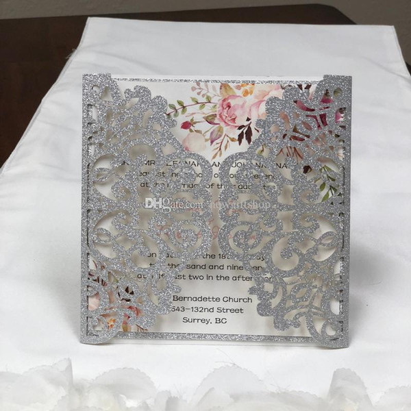 Gorgeous Glitter Silver Laser Cut Wedding Invitation Set Blank Inner Sheet Provide Free Printing and 