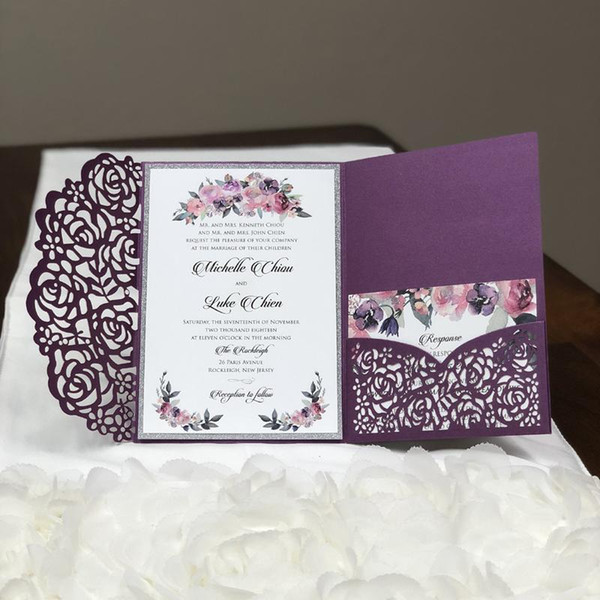 Luxury Silver Glitter Purple Pocket Wedding Invites, Die Cut Shimmer Trifold Wedding Party Invitations with Belly Band by DHL