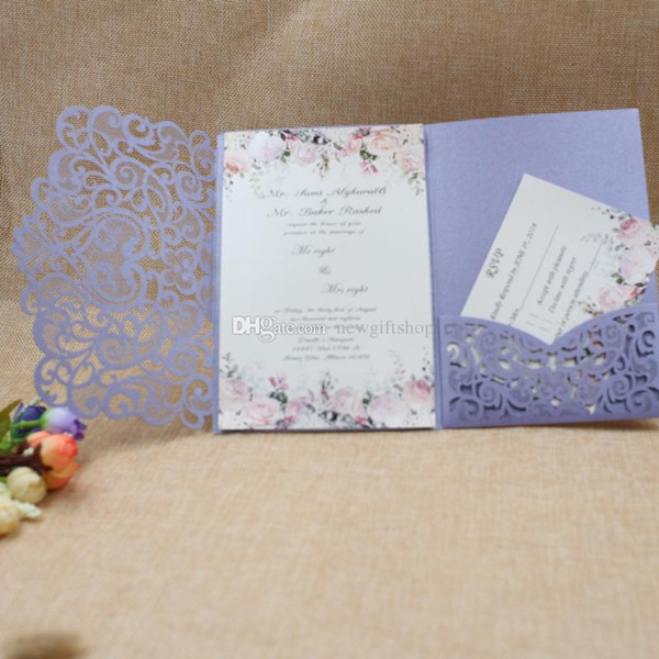 Marsala Violet Pocket Wedding Invites Shimmy Die Cut Trifold Bridal Shower Invitations with RSVP Card 20+Color, Shipped by DHL