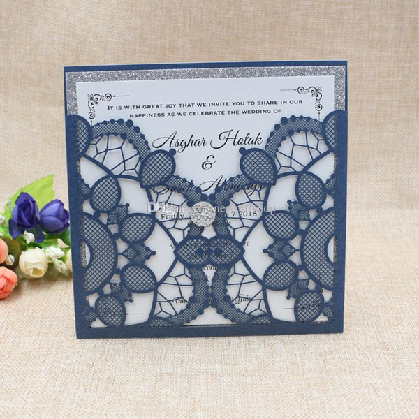 Luxury Navy Blue Glitter Silver Wedding Invitation with Diamond Elegant Die Cut Evening Dinner Invites with Envelope 