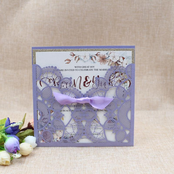 Lace Wedding Invitation with Ribbon Violet Laser Cut Pocket Invitation Cards for Wedding Party Glitter Evening Invitation Free Print