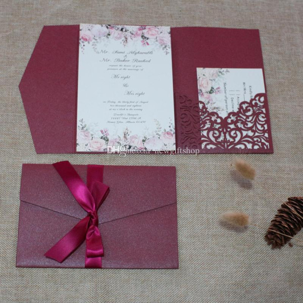 Marsala Burgundy Wedding Invites Luxury Laser Cut Shimmy Trifold Pocket Wedding Invitations with Ribbon, Free Printing