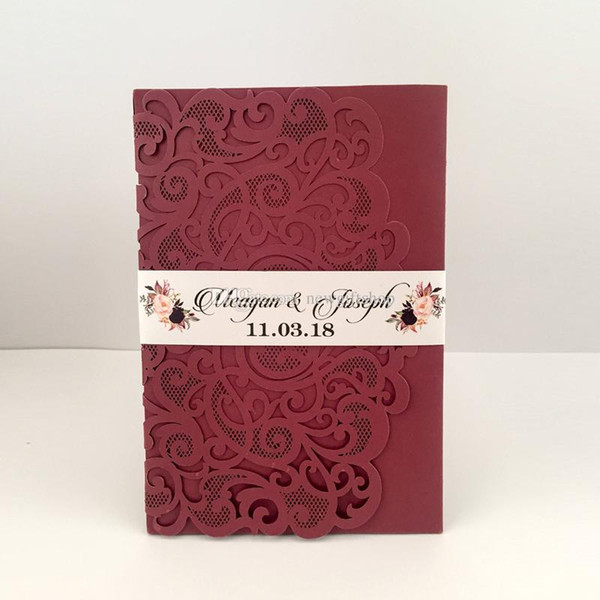 Marsala Burgundy Pocket Wedding Invitations Die Cut Shimmy Trifold Wedding Invites with Belly Band 20+Color, Provide Free Printing