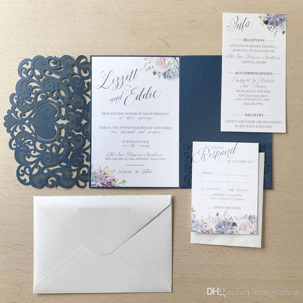 Elegant Navy Blue Shimmy Laser Cut Pocket Wedding Invites Romantic Flora Printed Evening Party Invitations with Envelope