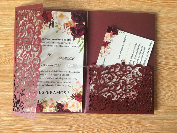 Pocket Wedding Invites Shimmy Burgundy Trifold Flower Laser Cut Wedding Party Invitations with RSVP Card Free Printing Shipped by DHL