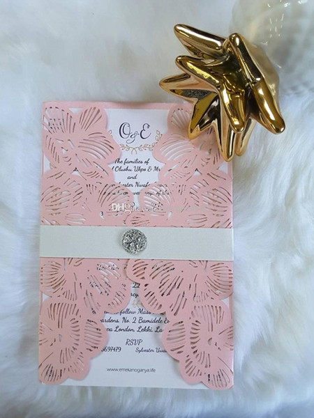 Blush Shimmy Laser Cut Diamond Petal Wedding Invites with Belly Belt Wedding Party Invitations Free Printing