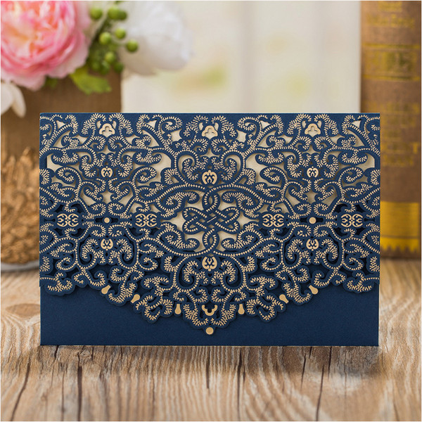 High Class Navy Blue Laser Cut Flower Wedding Invitation Cards Bridal Shower Party Invitations Free Personalized Printing+Envelope