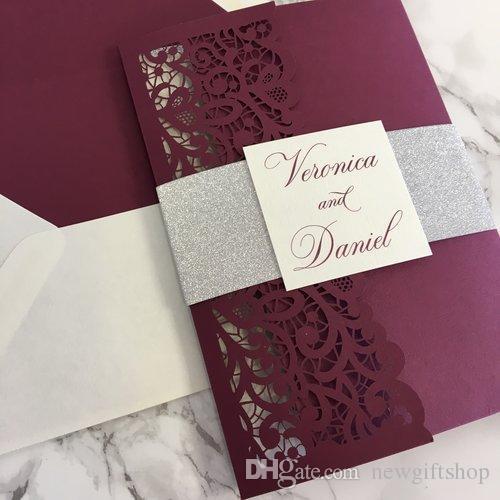 Vintage Burgundy Laser Cut Tri-fold Wedding Invitation Kits with Belly Band & Tag, Customizable Invites with Envelope, 