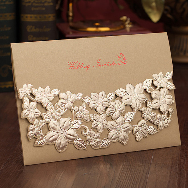 Gold Red Wedding Invitations Personalized Printing Laser Cut Embossed Flower Engagement Cards with Envelope Wedding Supplies