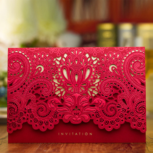 New Gold/Red Wedding Invitation Cards 2017 High Class Laser Cut Flower Invitation with Envelopes Wedding Supplies