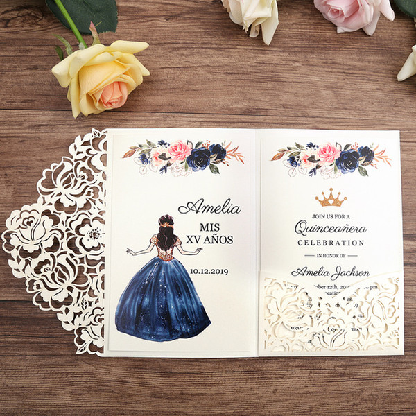 White Laser Cut Floral Pocket Trifold Pocket Wedding Invitations with RSVP Card, Invitations for Quinceanera by DHL