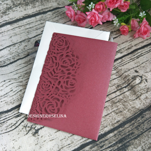 Gorgerous Pocket Wedding Invitation Sets, Burgundy Invitation Tri-fold Laser Cut With Printing Design Insert and RSVP Card