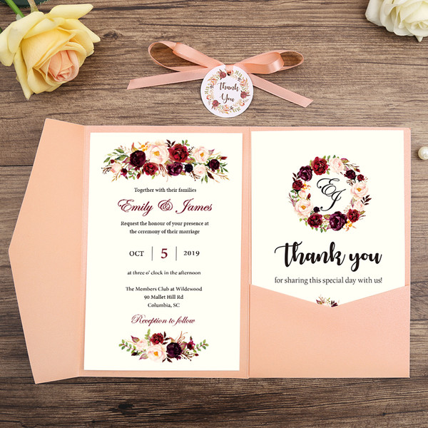 Wedding Invitations Pocket Greeting Cards with RSVP Card with Ribbon and Round Tag, Customized Quinceanera Invitation Card