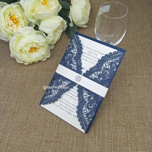 Elegant Laser Cut Navy Blue Invitations Cards with Cream Belt and Crystal For Wedding Engagement Birthday DIY Quince Invite