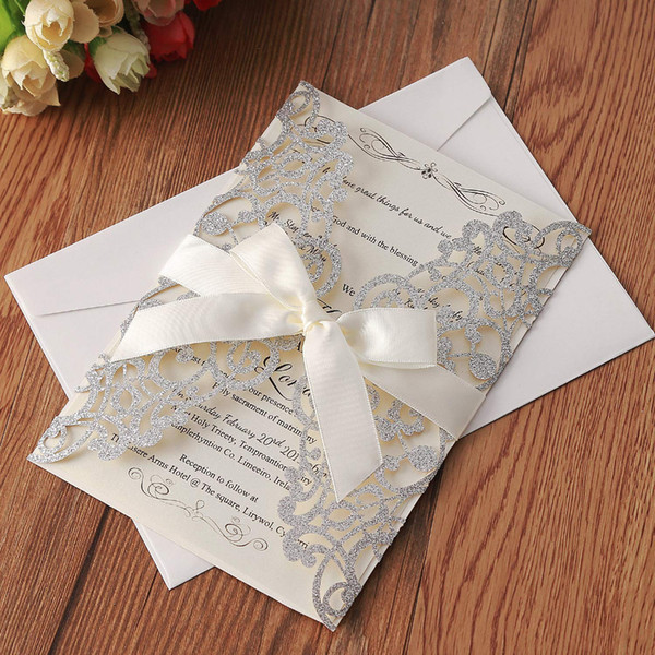 Luxury Silver Laser Cut Wedding Invitation with Champagne Ribbon Gold Blue Champagne Glitter Engagement Anniversary Quinceanera Invite