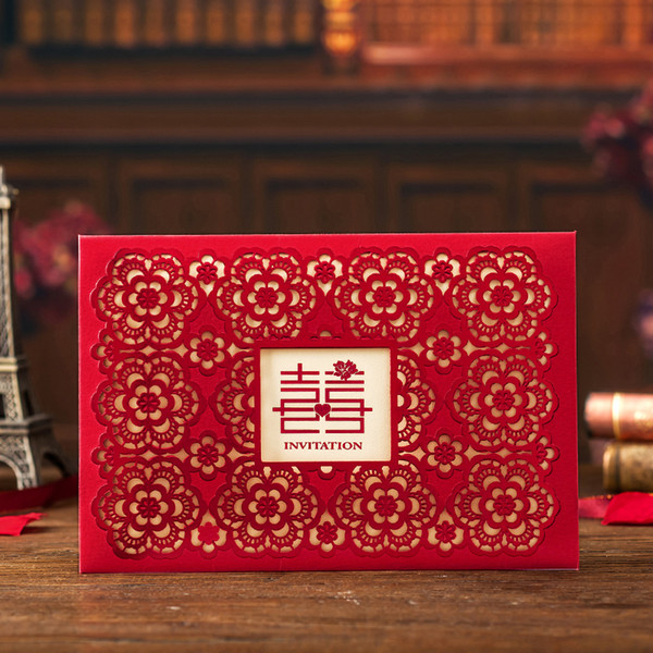 Chinese Style Happy Xi Laser Cut Embossed Flower Wedding Invitations, Red Invitation Cards for Bridal Shower Engagement