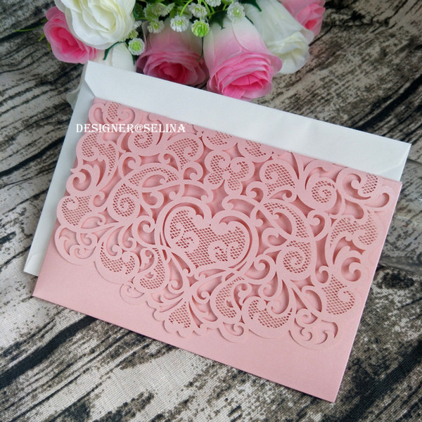 Pink Wedding Invitations Suit, DIY Pink Sweetheart Laser Cut Trifold Pocket Invites for Quiniceanera Sweet 15th Graduation Evening Invite